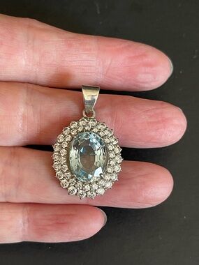 925 Sterling Silver genuine Aquamarine & CZ Oval Halo Pendant .